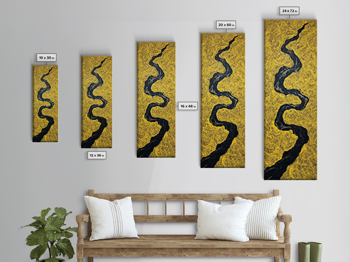Black Winding River On Gold Texture Wall Art, Minimalist Abstract Landscape, Earth Tone Decor, Modern Canvas Gift For Living Room