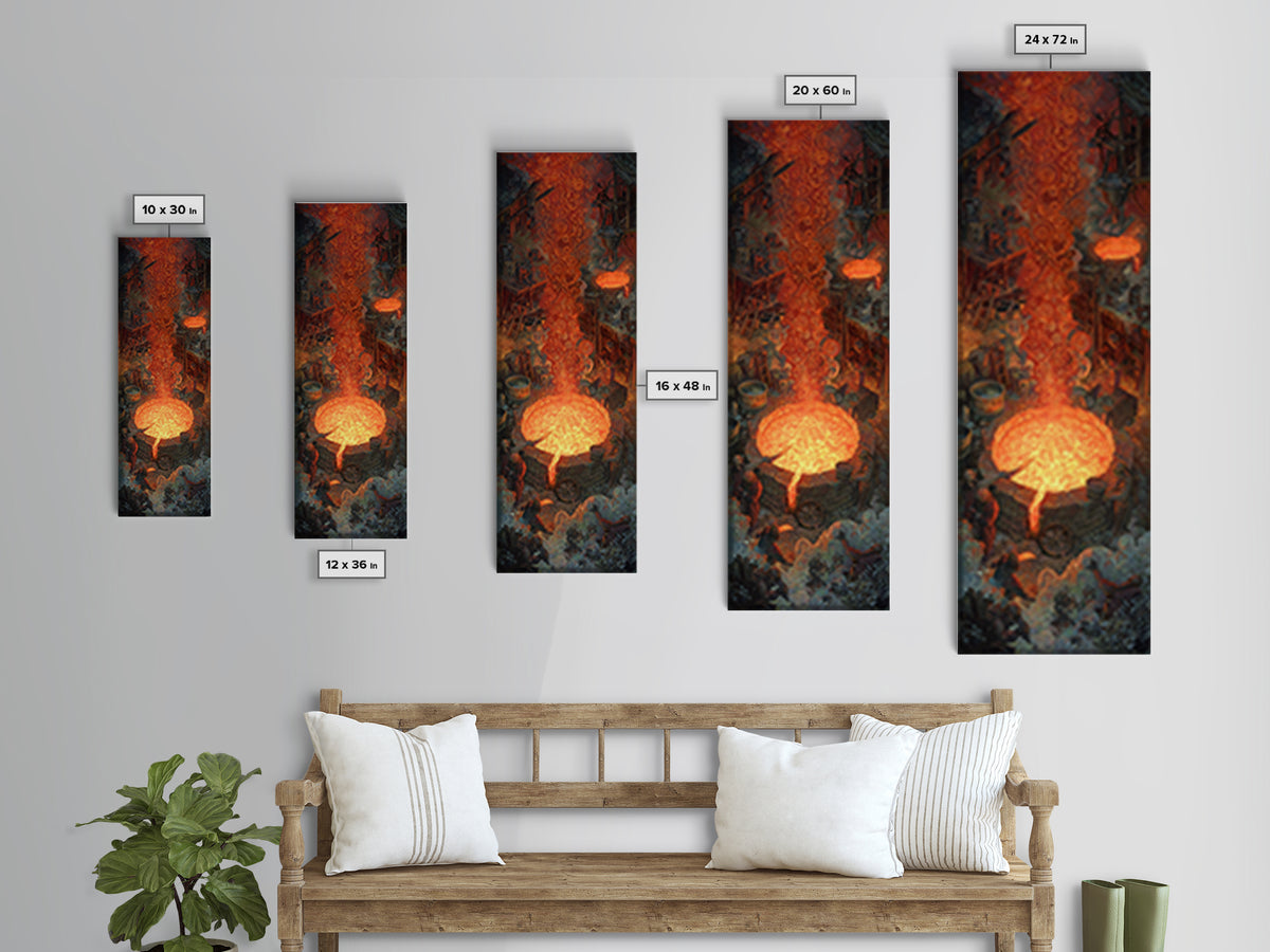 Molten Forge Workshop With Glowing Symbols Framed Canvas Print, Industrial Fantasy Wall Art, Orange Painting Home Decor Gift