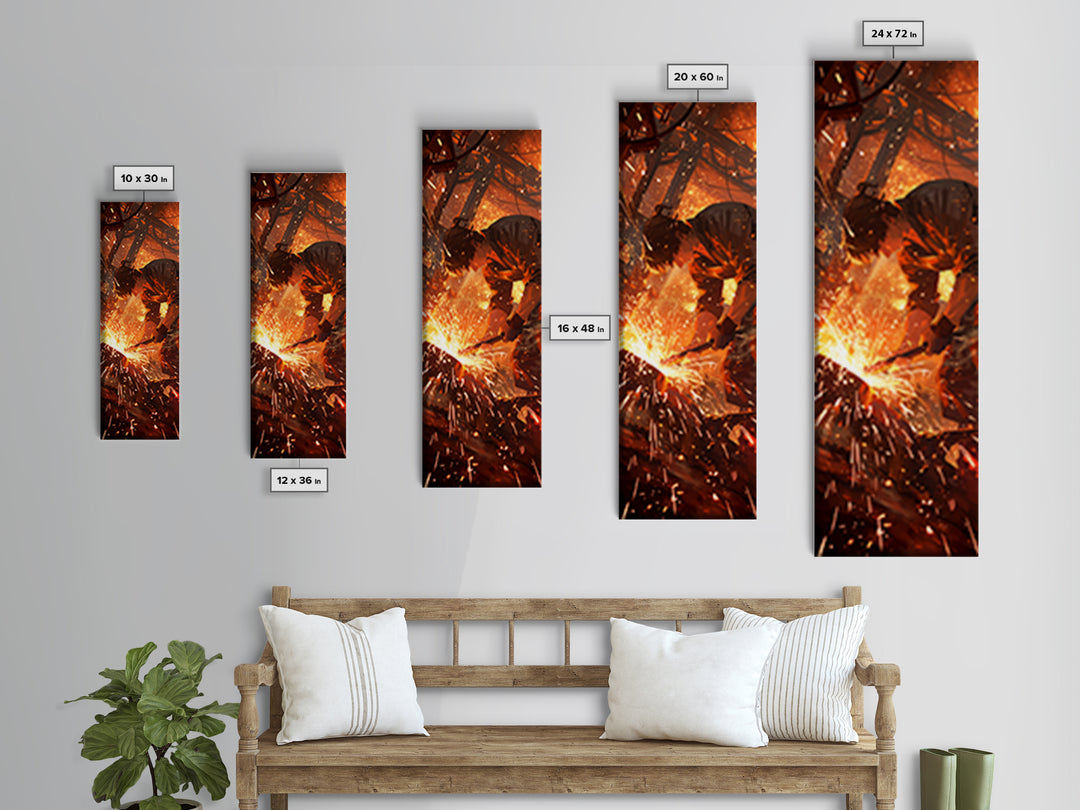 Welder In Shower Of Sparks Wall Art, Dramatic Orange Canvas Print, Industrial Workshop Art, Masculine Office Decor Gift For Him