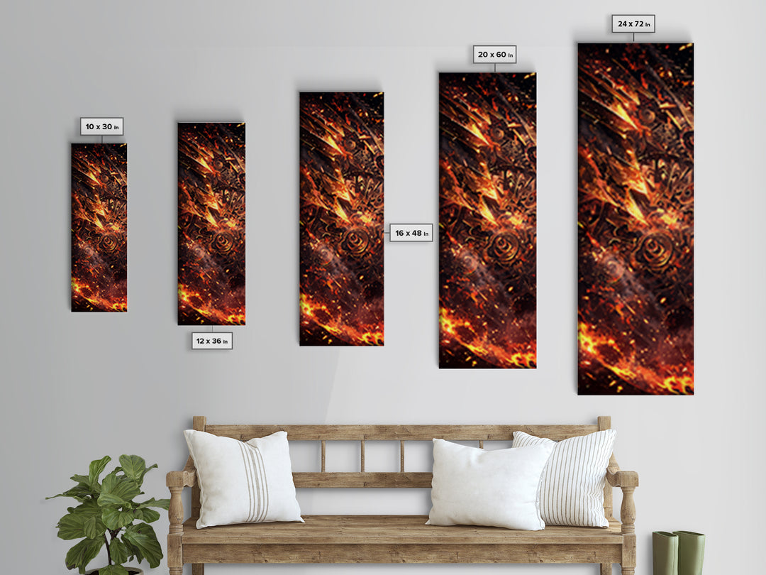 Fiery Mechanical Gears And Sparks Wall Art, Abstract African Inspired Industrial Canvas Print, Bold Orange Black Decor Gift