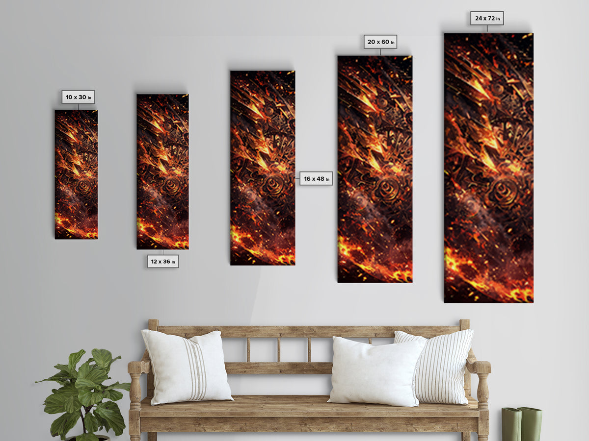 Fiery Mechanical Gears And Sparks Wall Art, Abstract African Inspired Industrial Canvas Print, Bold Orange Black Decor Gift