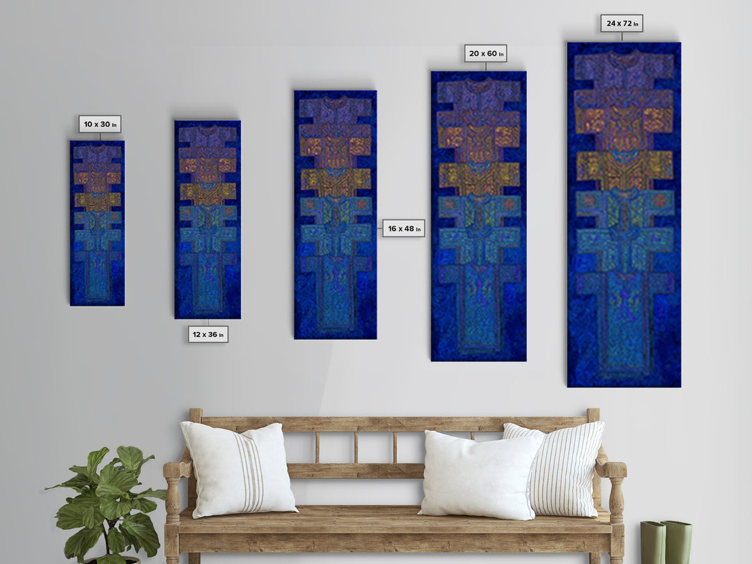Blue Purple Tribal Cross Totem Wall Art, African Mask Inspired Canvas Print, Afrocentric Geometric Decor, Bold Home Gift