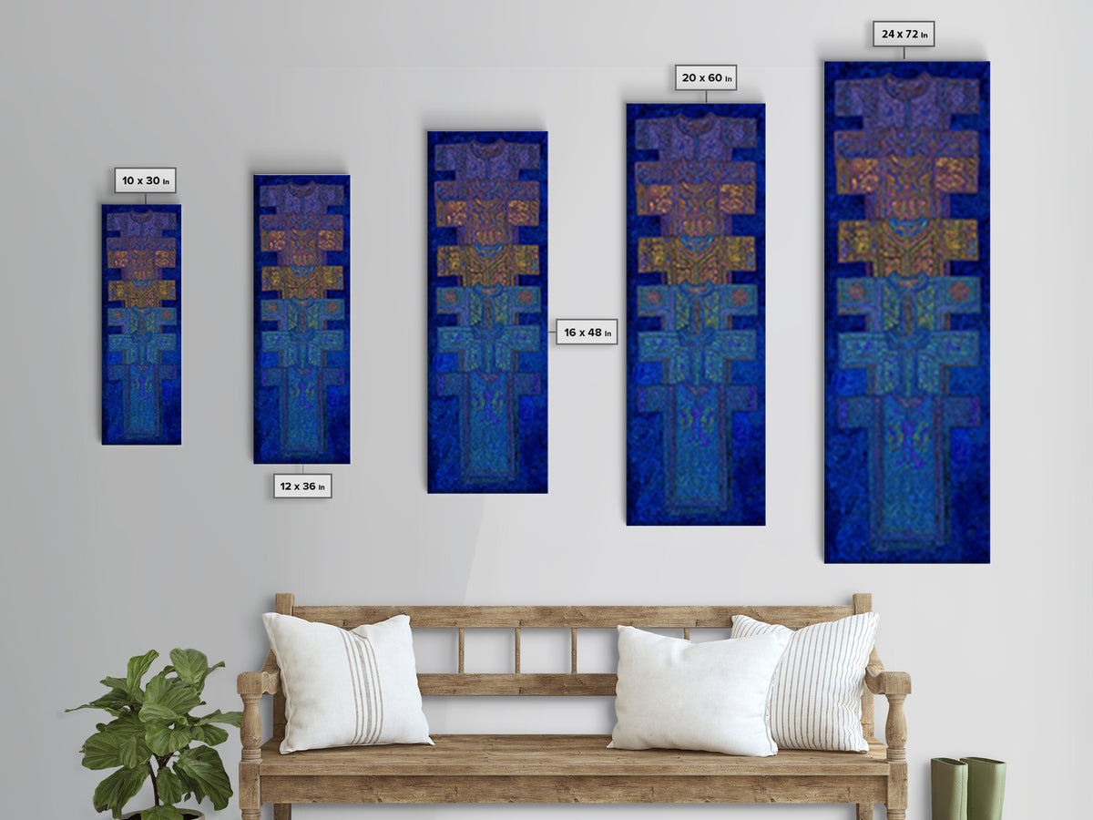 Blue Purple Tribal Cross Totem Wall Art, African Mask Inspired Canvas Print, Afrocentric Geometric Decor, Bold Home Gift