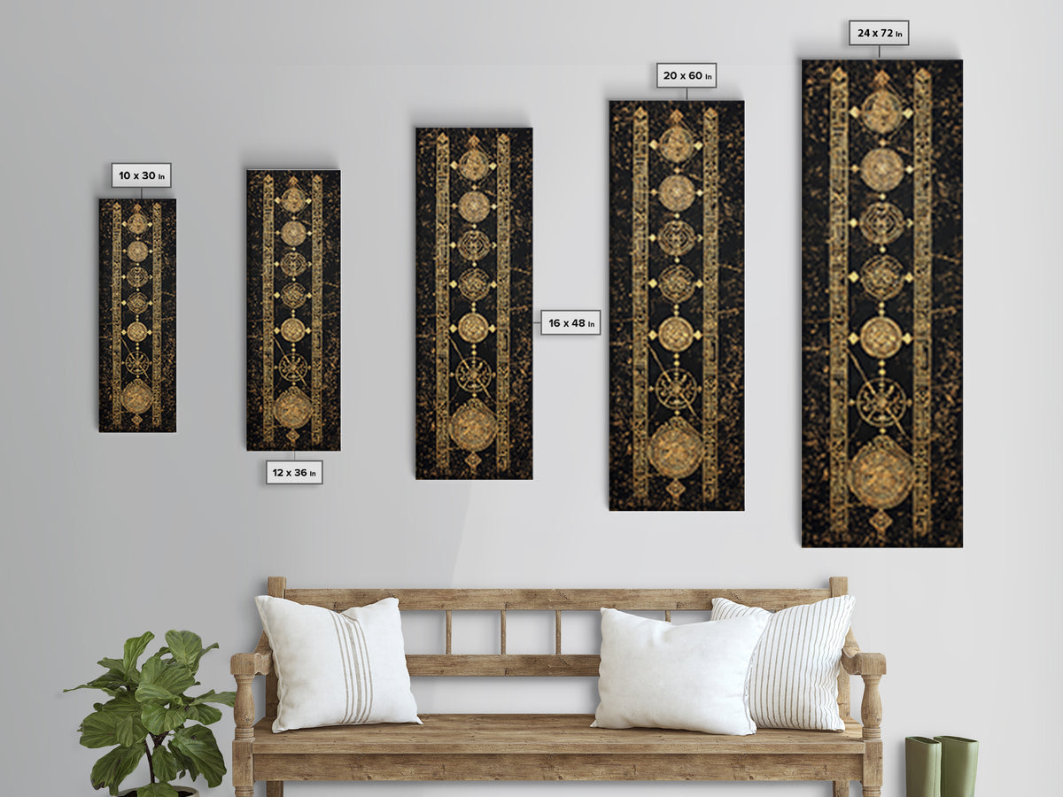 Gold Celestial Circles And Glyphs Wall Art, African Abstract Canvas Print, Black Gold Geometric Decor, Spiritual Home Gift