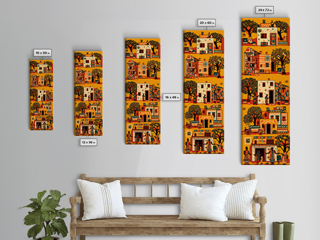 Orange African Village Houses And Trees Wall Art, African Folk Canvas Print, Cultural Home Decor, Afrocentric Travel Gift