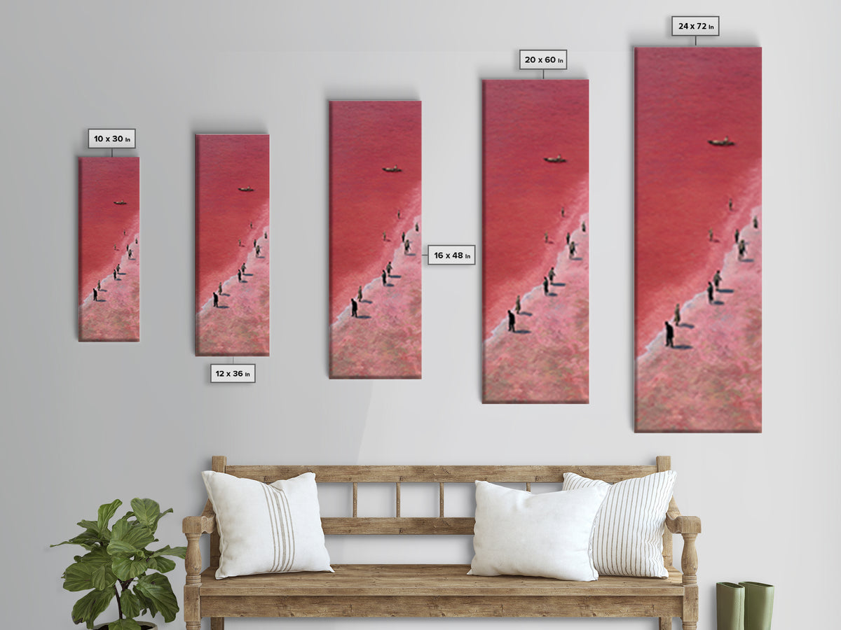 Pink African Salt Lake Shore With Fishermen Wall Art, Lake Retba Landscape, Coastal Boat Print, Serene Travel Home Decor Gift