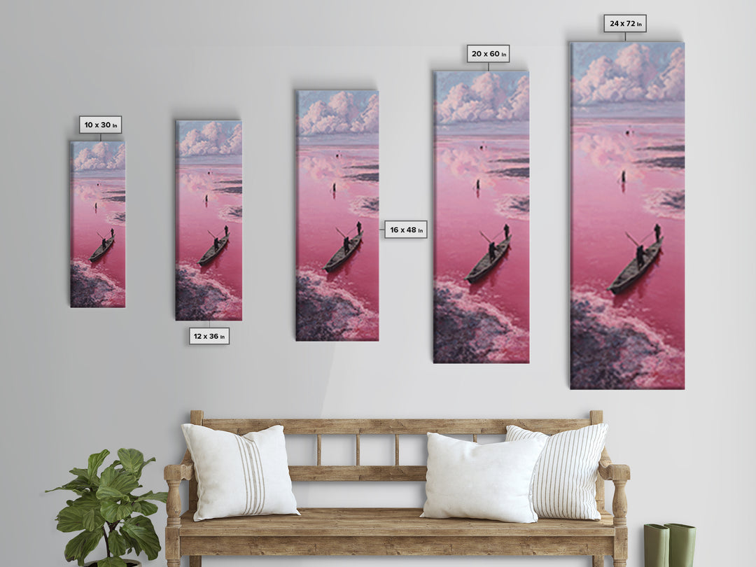 Dreamy Pink African Lagoon With Wooden Boat Canvas Print, Lake Retba Fisherman Scene, Coastal Landscape Wall Decor Gift Art