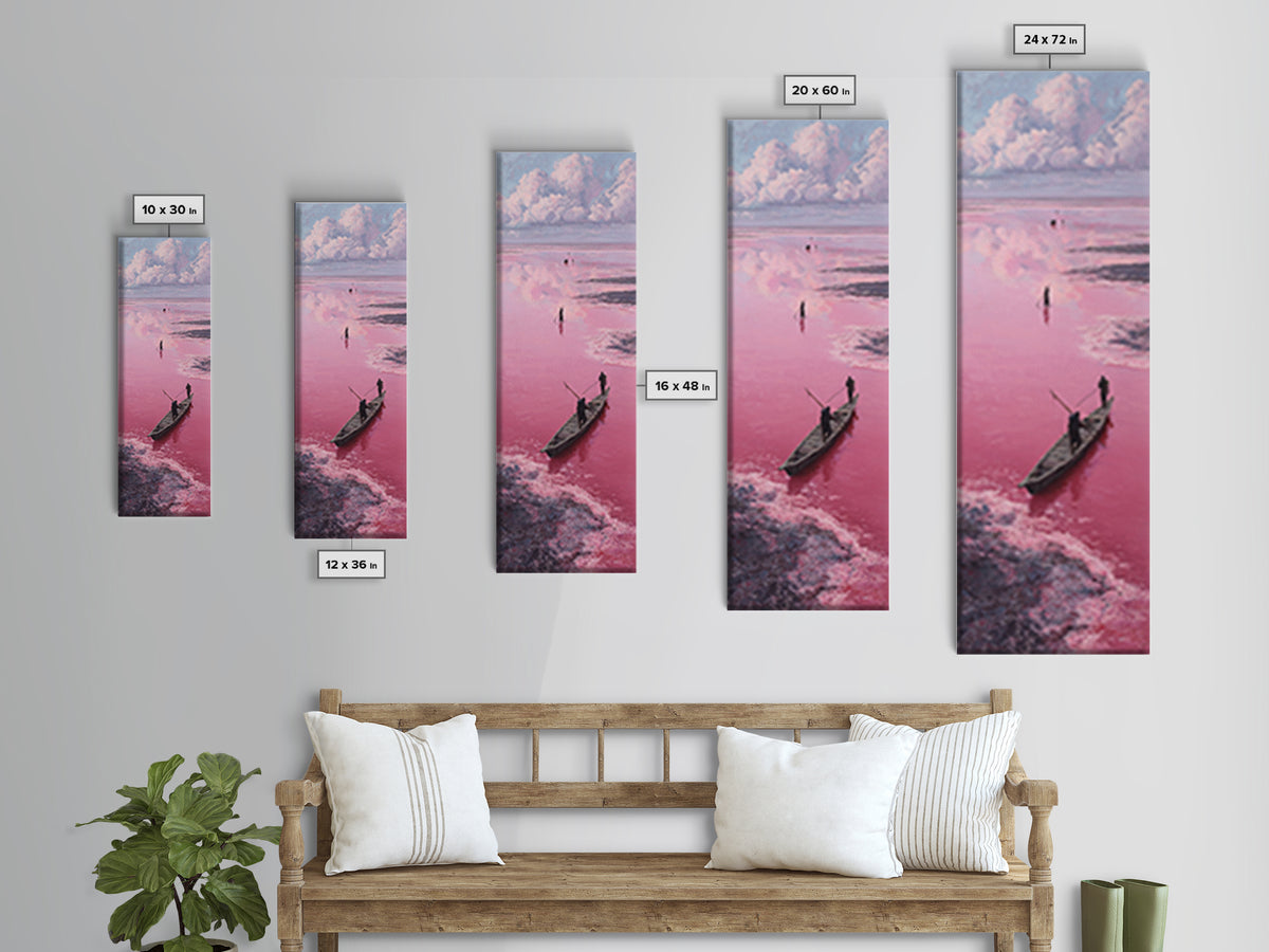 Dreamy Pink African Lagoon With Wooden Boat Canvas Print, Lake Retba Fisherman Scene, Coastal Landscape Wall Decor Gift Art