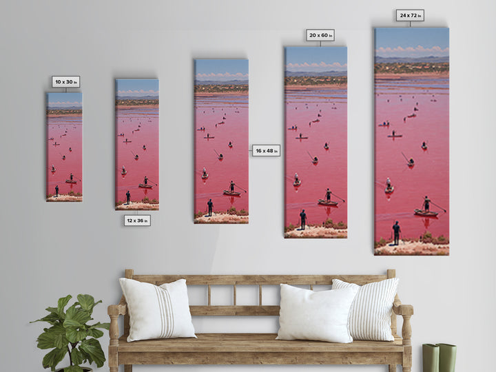Pink African Lake With Boats And Salt Workers Framed Canvas Print, Lake Retba Landscape, Vibrant Travel Wall Decor Gift Art