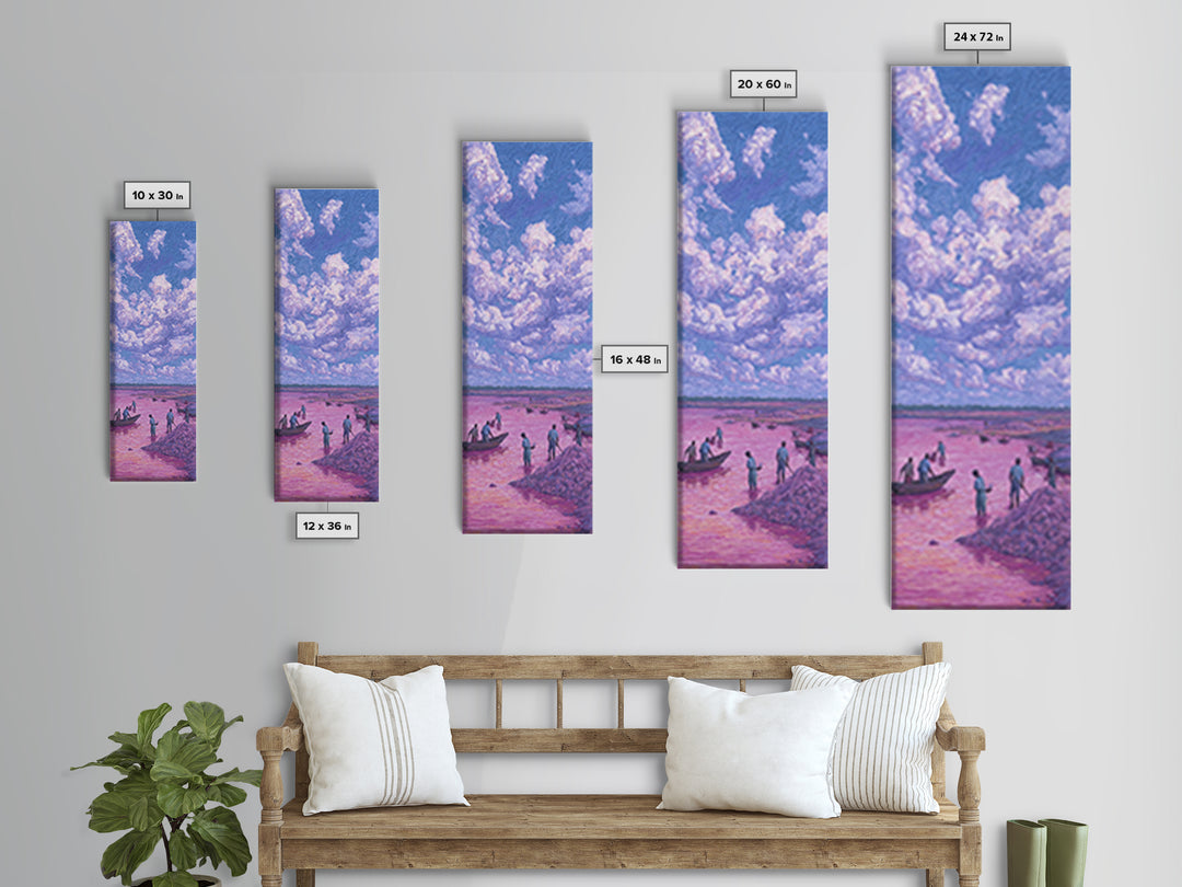 Purple Storm Clouds Over Pink African Lake Canvas Print, Fishermen Boat Landscape, Dreamy Nature Scene Art For Home Decor
