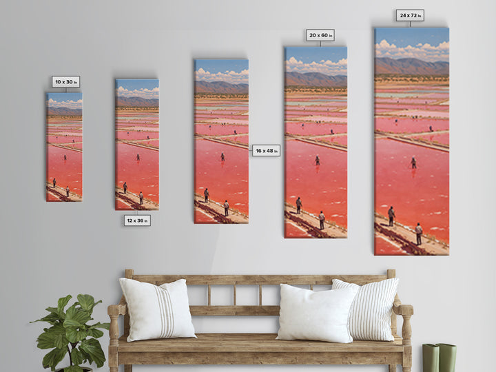African Pink Salt Ponds With Mountains Wall Art, Lake Retba Workers Landscape Print, Vibrant Travel Decor For Living Room