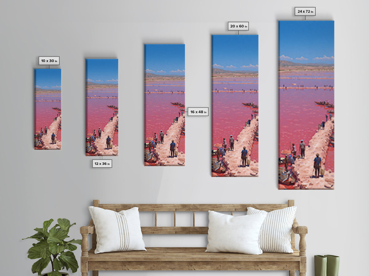 Panoramic Pink African Lake Harbor With Boats Canvas Print, Salt Flat Landscape, Travel Wall Decor Gift For Living Room Art