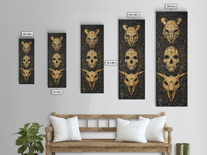 Golden Animal Skull Totem Wall Art, Dark Gothic Canvas Print, Tribal Mystical Home Decor, Unique Occult Statement Poster Gift