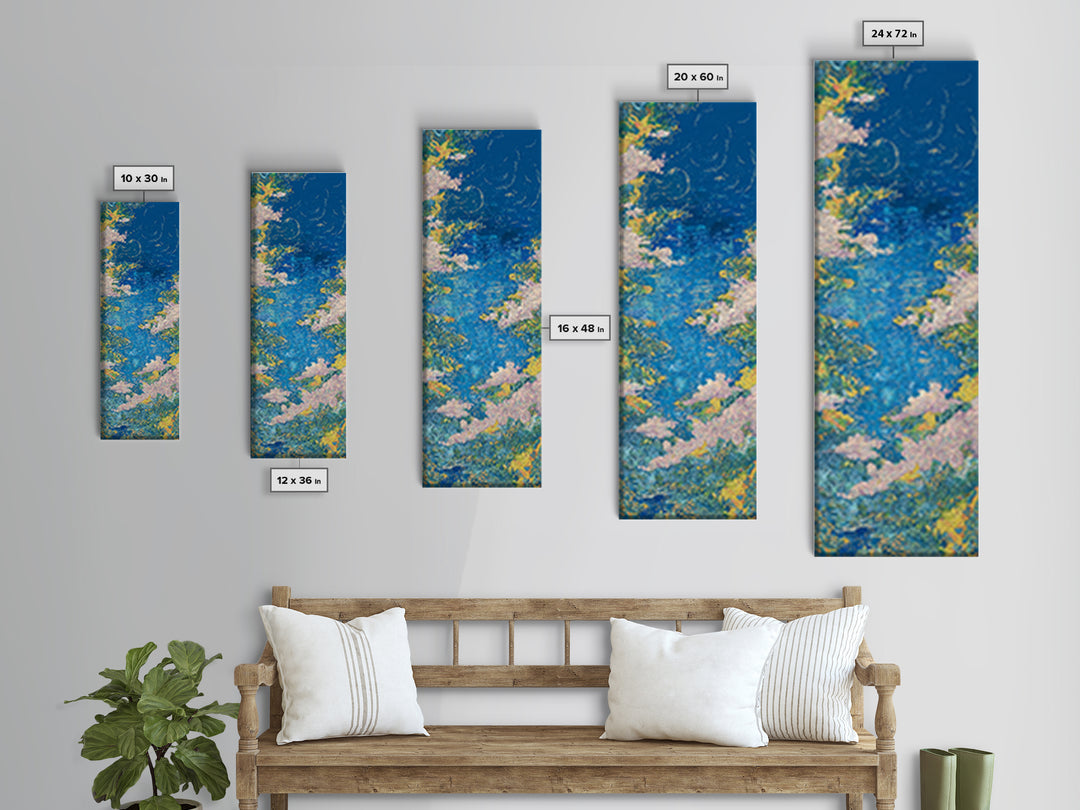 Blue Floral River Landscape Wall Art, Impressionist Garden Water Canvas Print, Nature Scene Art For Serene Home Decor Gift