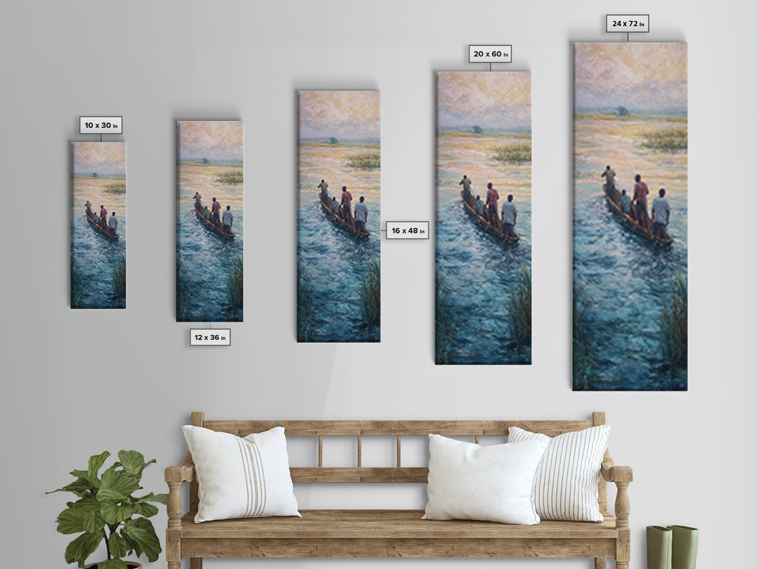 African Canoe River Landscape Wall Art, Fishermen On Water Canvas Print, Serene Safari Cultural Home Decor Gift For Him