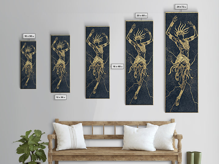 Golden Spirit Dancer Framed Canvas Print, Abstract African Woman Art, Mystical Black And Gold Tribal Wall Decor For Bedroom