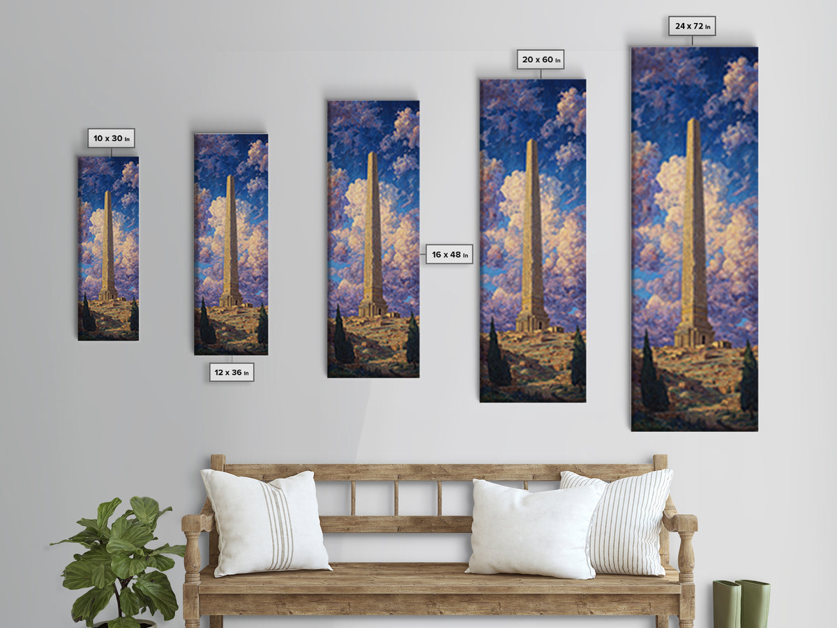 Ancient Obelisk Monument Landscape Wall Art, Egyptian Inspired Canvas Print, Dreamy Sky Home Decor, Historic Travel Poster