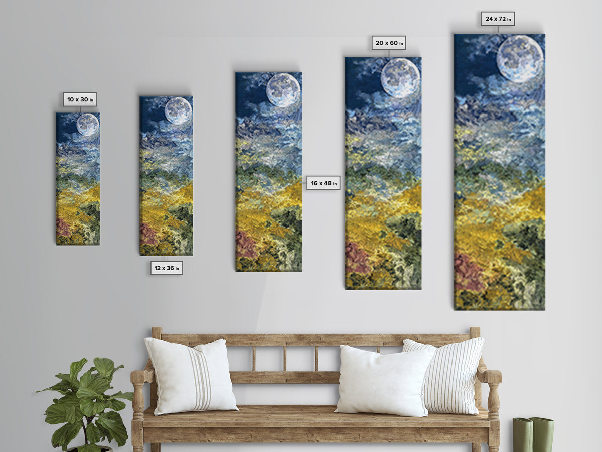 Textured Full Moon Over Blue Gold Hills Wall Art, Dreamy Nature Scene Art, Large Decor Art, Living Room Decor, Unique Canvas Print