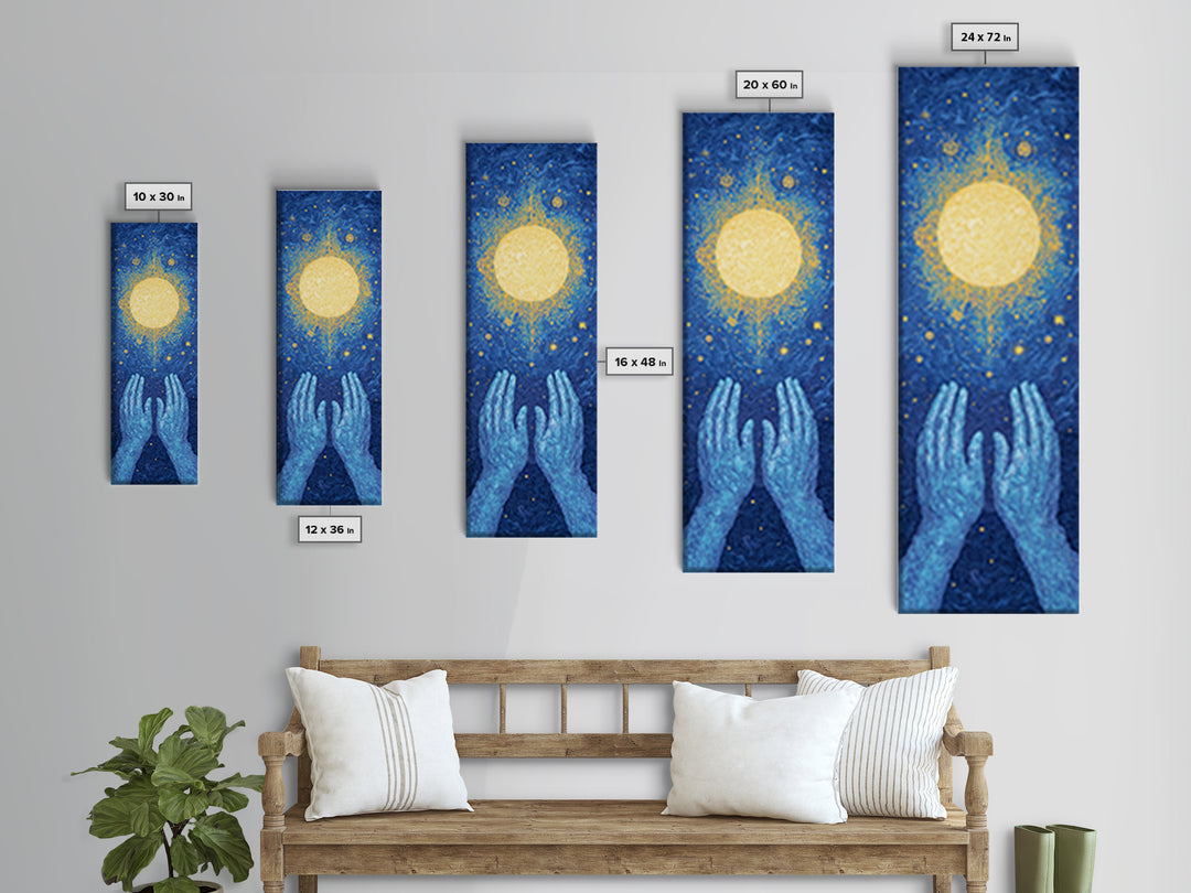 Glowing Celestial Sun Between Blue Hands Wall Art, Spiritual Wall Art, Mystical Wall Art, Starry Blue Home Decor Gift Idea