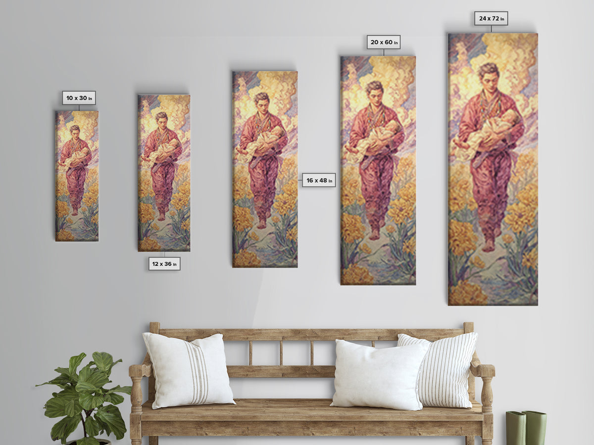 Gentle Shepherd Carrying Lamb Through Golden Flowers Framed Canvas Print, Spiritual Wall Art, Painting, Meaningful Gift For Home
