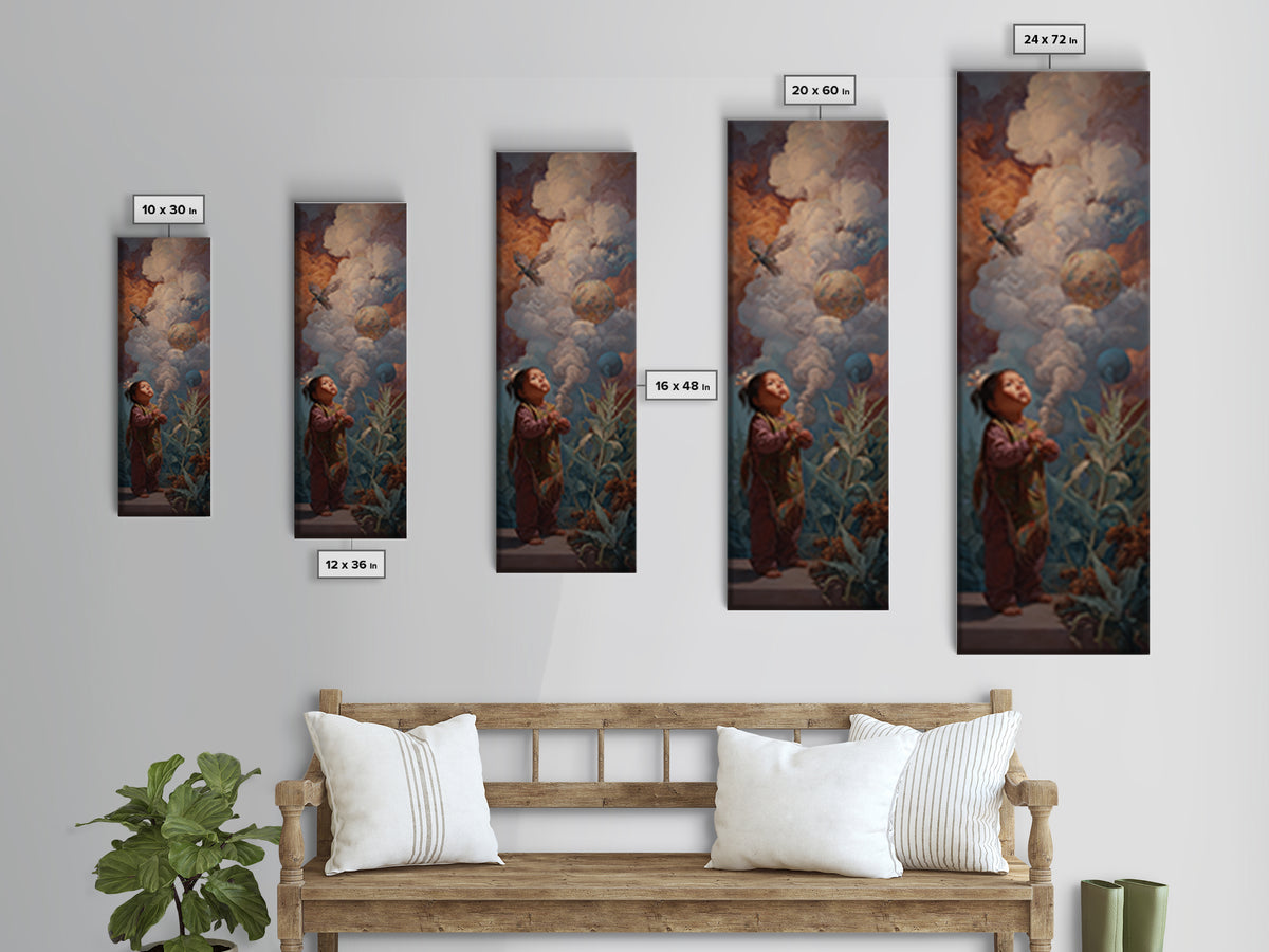Wondering Child Beneath Cloud Birds And Planets Canvas Print, Dreamy Wall Art, Nature Scene Art, Unique Home Decor Gift Idea
