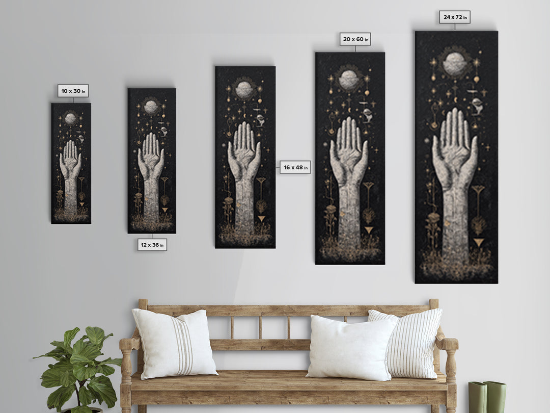 Mystical Palm Reaching Toward Moon And Stars Wall Art, Spiritual Wall Art, Black And Gold Art, Botanical Decor Gift For Her