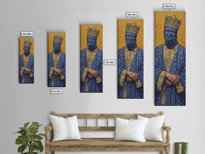 Masked African King In Blue And Gold Framed Canvas Print, Royal Portrait Wall Art, Luxury Afrocentric Cultural Home Decor