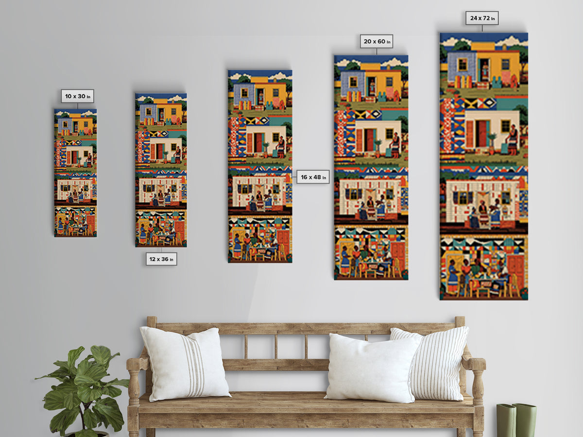 Vibrant African Village Homes Wall Art, Colorful Canvas Print, Folk Culture Poster, Patterned Houses And People Decor Gift