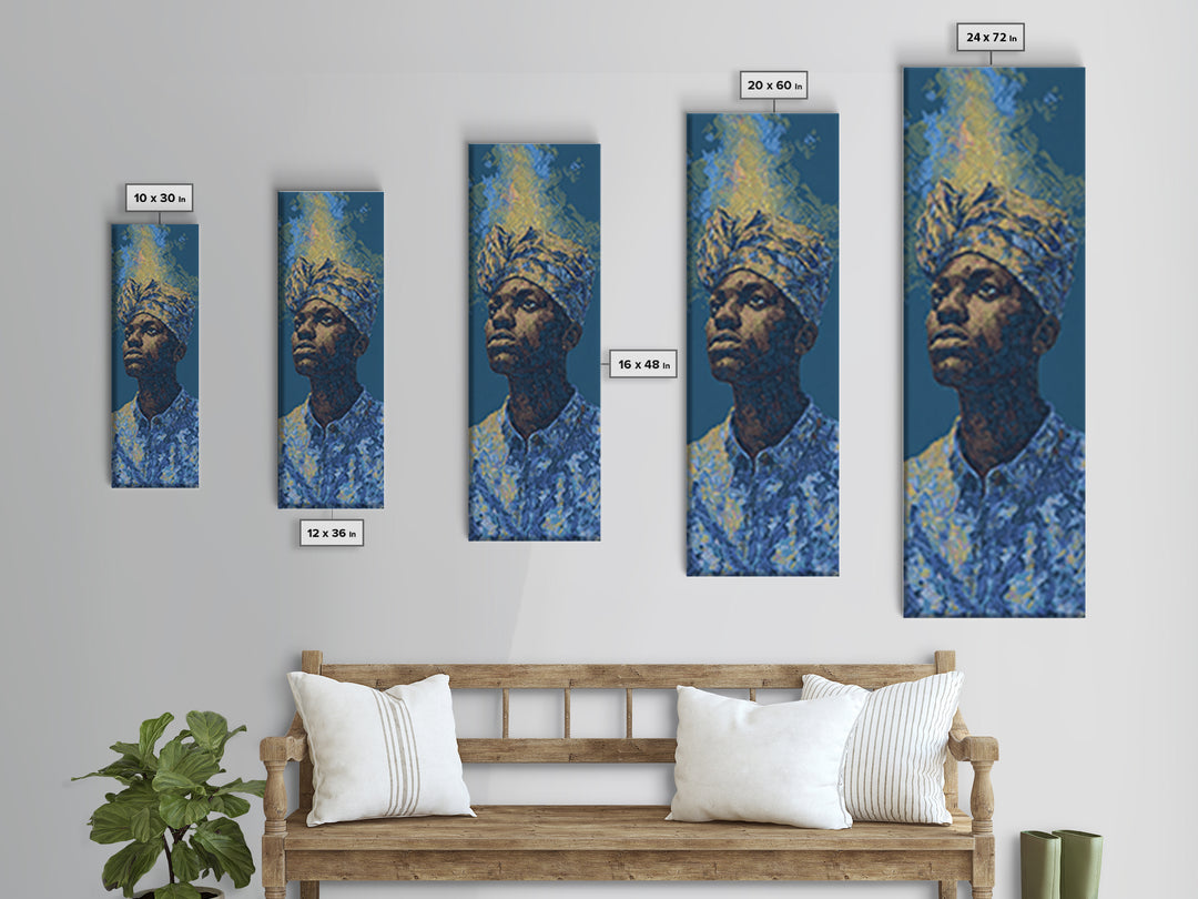 Regal African Man Portrait Wall Art, Blue Gold Framed Canvas Print, Afrocentric Black Culture Decor, Modern Art Gift For Him