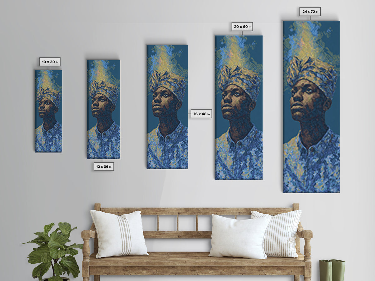 Regal African Man Portrait Wall Art, Blue Gold Framed Canvas Print, Afrocentric Black Culture Decor, Modern Art Gift For Him