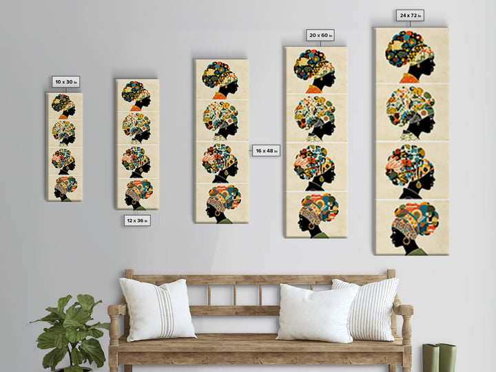 Four Floral Headwrap African Women Wall Art, Black Woman Silhouette Canvas Print, Afrocentric Ankara Decor Art Gift For Her