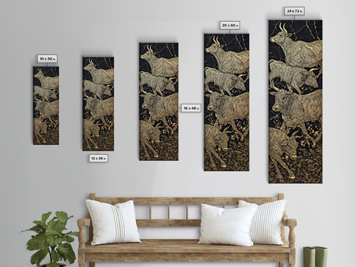 Gold Line African Cattle On Black Marble Framed Canvas Print, Tribal Animal Wall Decor, Luxury Safari Farmhouse Art Gift