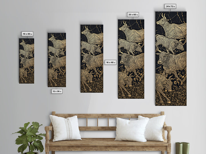 Gold Line African Cattle On Black Marble Framed Canvas Print, Tribal Animal Wall Decor, Luxury Safari Farmhouse Art Gift
