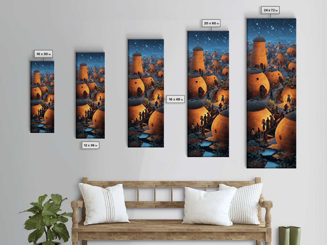 Glowing African Village At Starlit Night With Clay Huts Canvas Print, Afrocentric Wall Decor, Magical Motherland Home Art
