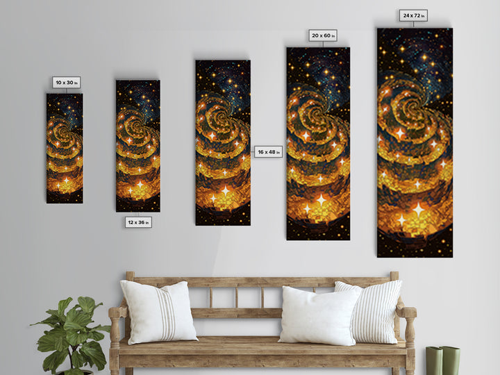 Golden Galaxy Spiral With Starry Night Lights, Canvas Print, Abstract Wall Art, Celestial Decor, Modern Statement Artwork