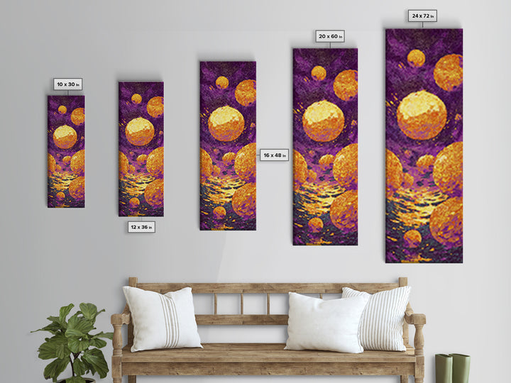 Floating Golden Planets Over Purple Cosmic Water, Canvas Print, Abstract Wall Art, Vibrant Decor, Unique Home Decor Gift