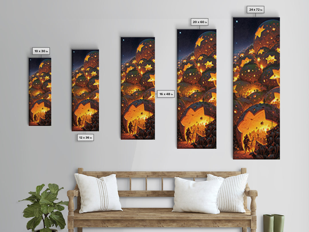 Glowing Star Lantern Village In Dreamy Mountains, Canvas Print, Wall Art, Cozy Night Decor, Magical Living Room Artwork Gift