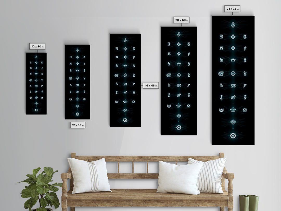 Glowing Cyan Mystic Glyphs Wall Art, Afrocentric Abstract Symbols, Spiritual Minimalist Black Decor, Modern Tribal Canvas Print