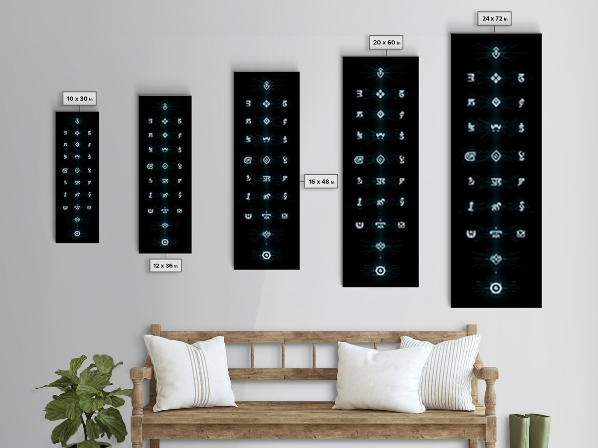 Glowing Cyan Mystic Glyphs Wall Art, Afrocentric Abstract Symbols, Spiritual Minimalist Black Decor, Modern Tribal Canvas Print