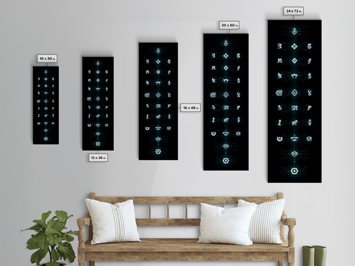 Glowing Cyan Mystic Glyphs Wall Art, Afrocentric Abstract Symbols, Spiritual Minimalist Black Decor, Modern Tribal Canvas Print