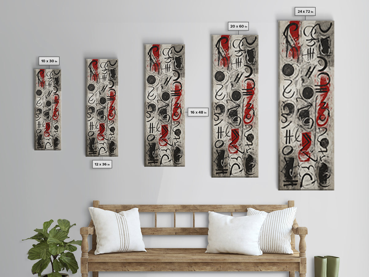 Red Black Abstract Glyphs Canvas Print, African Inspired Symbols, Modern Tribal Wall Decor, Bold Contemporary Art For Living Room
