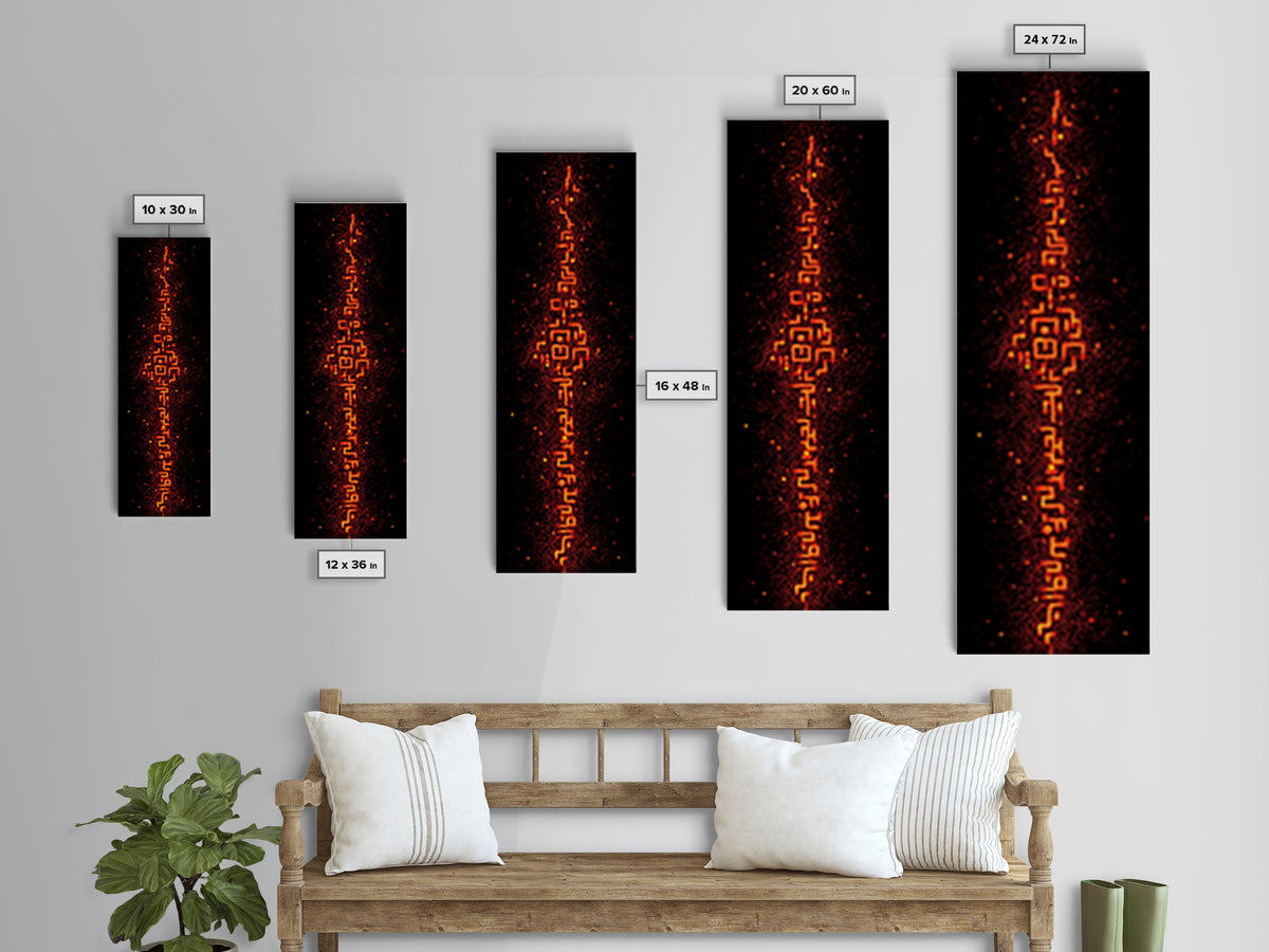 Fiery Orange Digital Glyph Pillar Wall Art, Futuristic African Abstract, Spiritual Tribal Decor, Modern Black Canvas Print