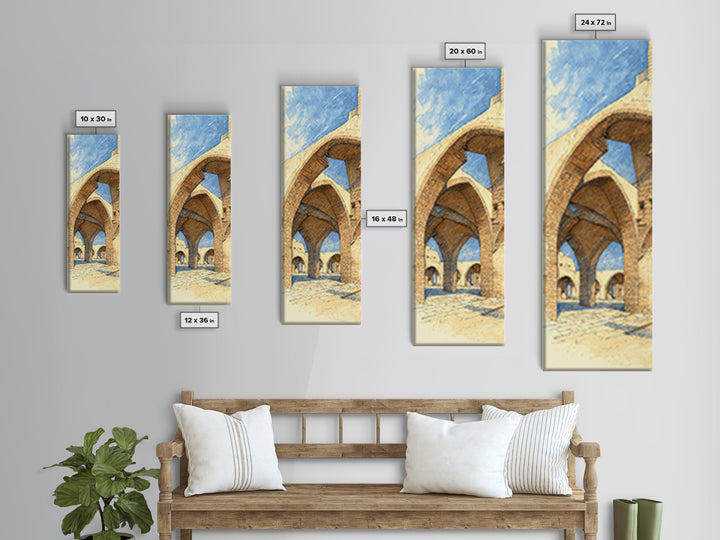 Sunlit Stone Arches Canvas Print, Morocco Africa Architecture Wall Art, Blue Beige Travel Decor, Bohemian Home Art For Living Rooms