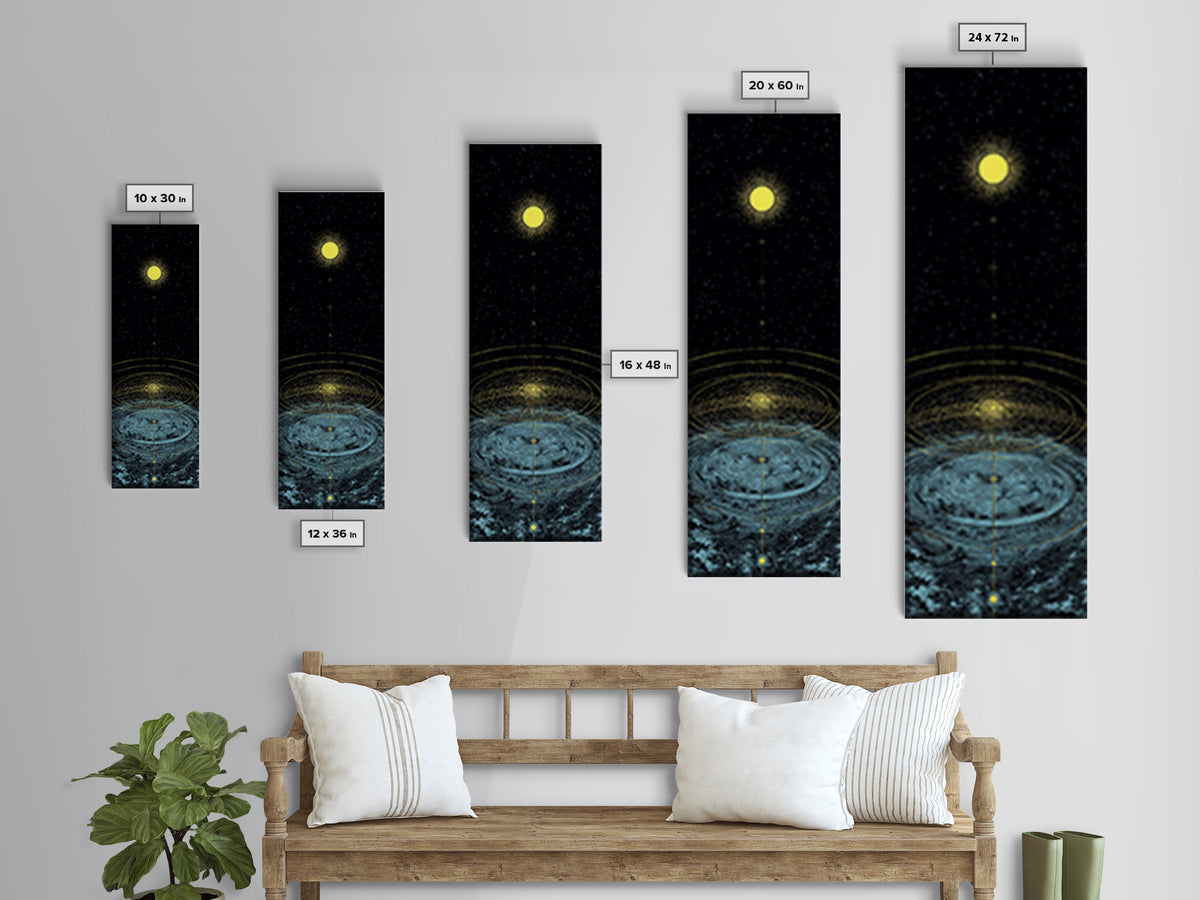 Golden Moon Over Cosmic Water Wall Art, Spiritual Celestial Abstract, Meditation Room Decor, Modern Black Canvas Print Gift