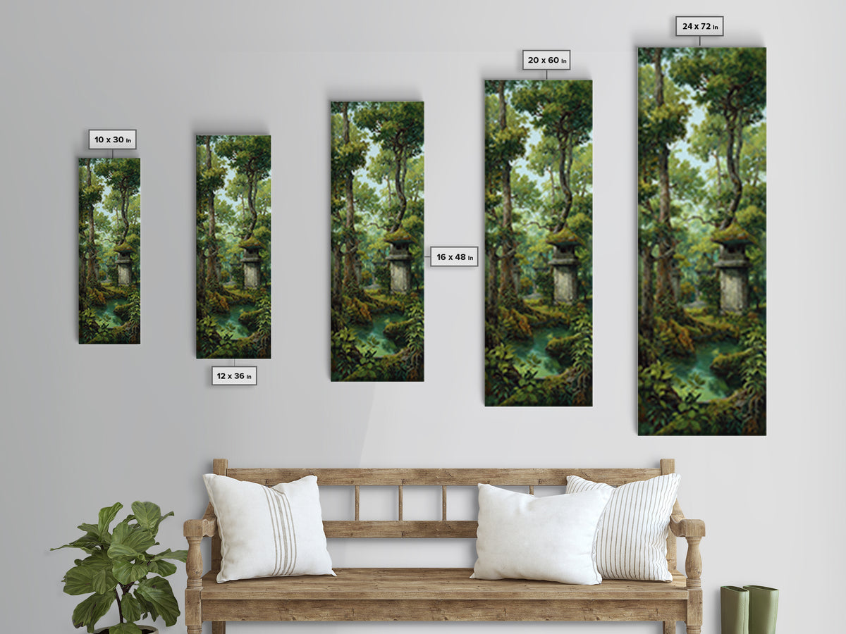 Ancient Jungle Shrine And Emerald Stream Wall Art, Mystical Forest Landscape, Nature Scene, Green Botanical Home Decor Print