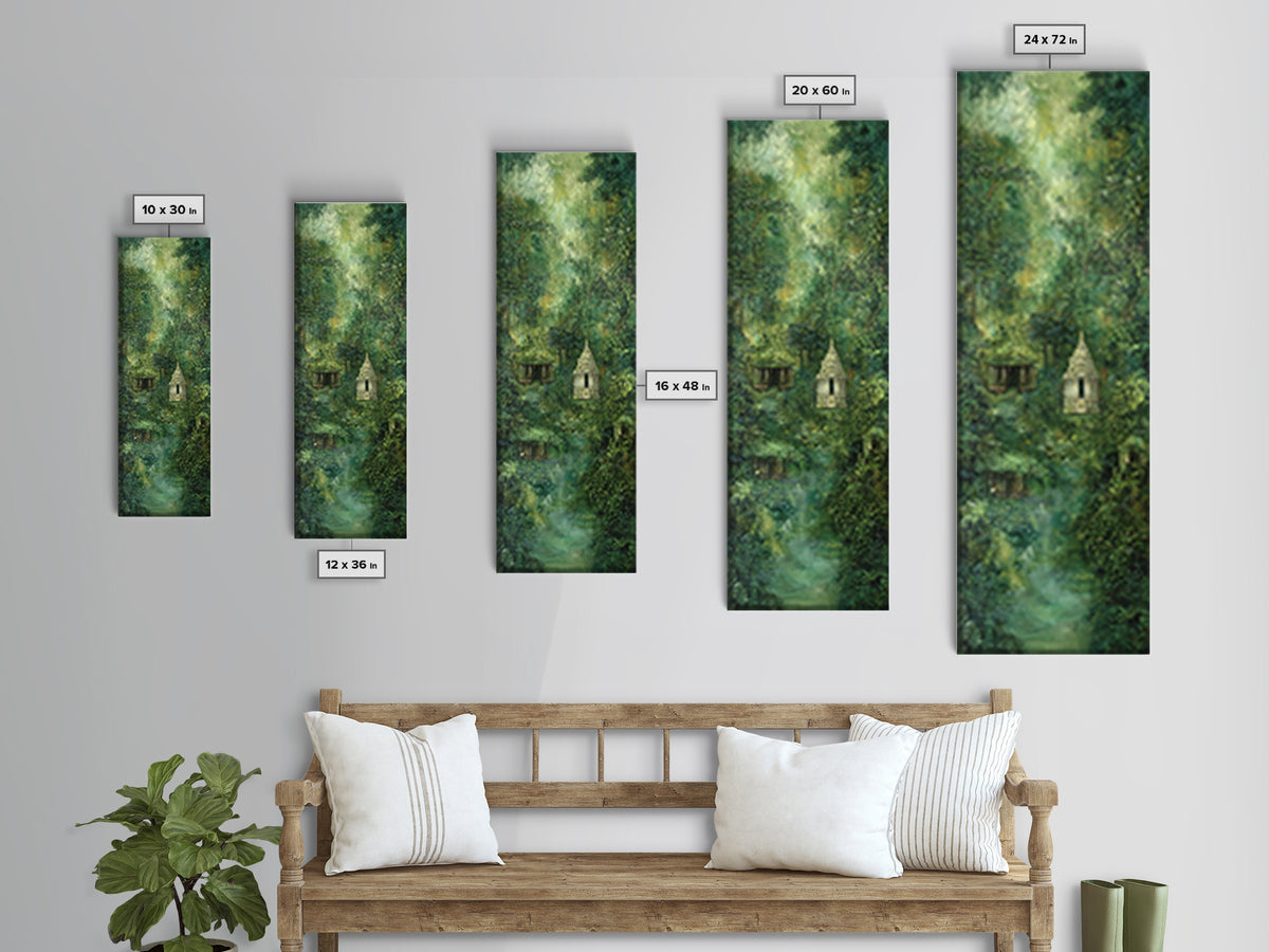 Misty Rainforest Temple With Hanging Vines Wall Art, Ancient Jungle Shrine, Spiritual Nature Scene, Green Home Decor Print