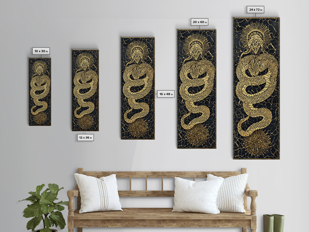 Golden Serpent Sun Mosaic On Black Canvas Print, Spiritual Wall Art, Mystical Snake Decor, Bold Statement Gift For Home Decor