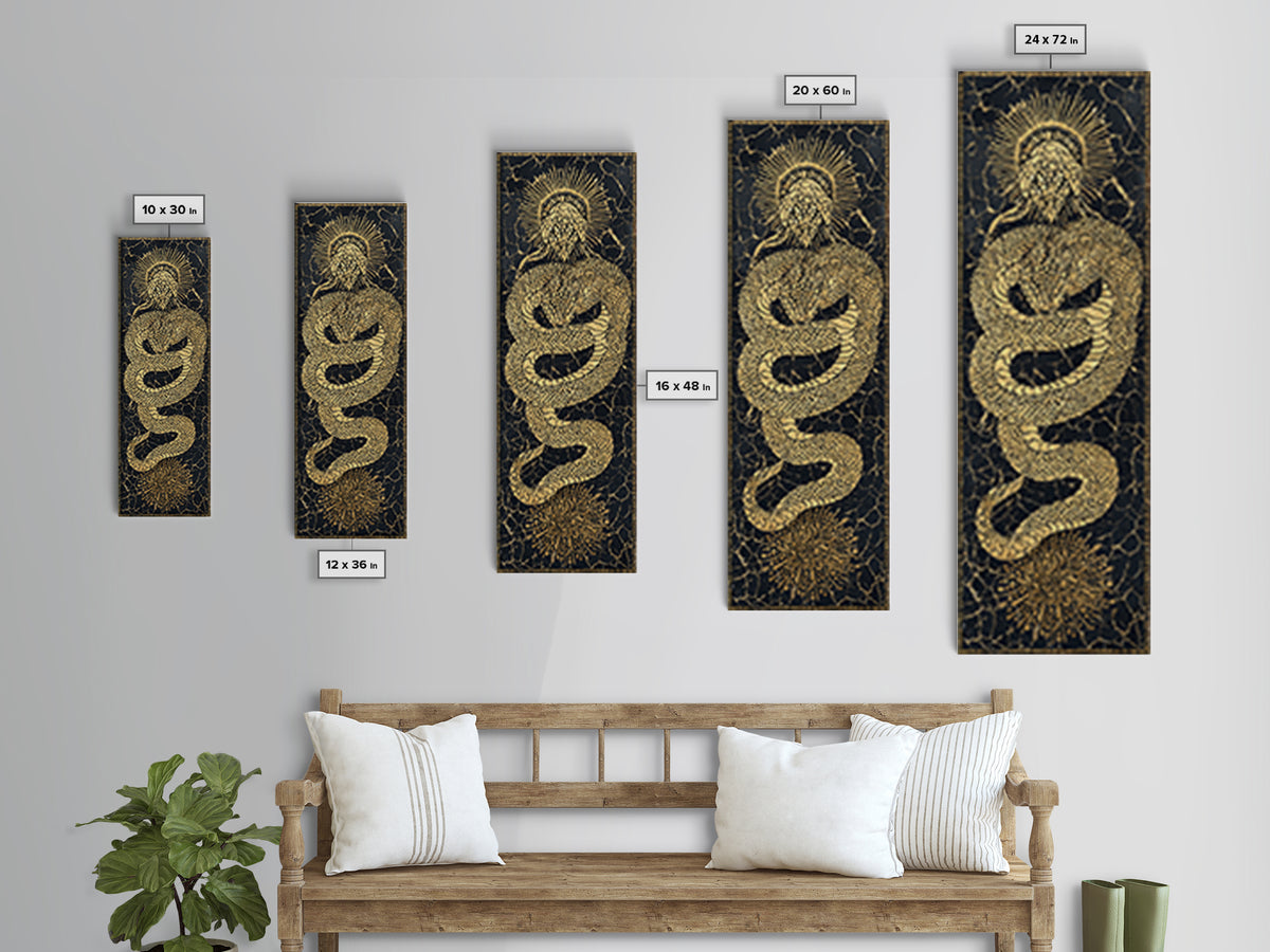 Golden Serpent Sun Mosaic On Black Canvas Print, Spiritual Wall Art, Mystical Snake Decor, Bold Statement Gift For Home Decor