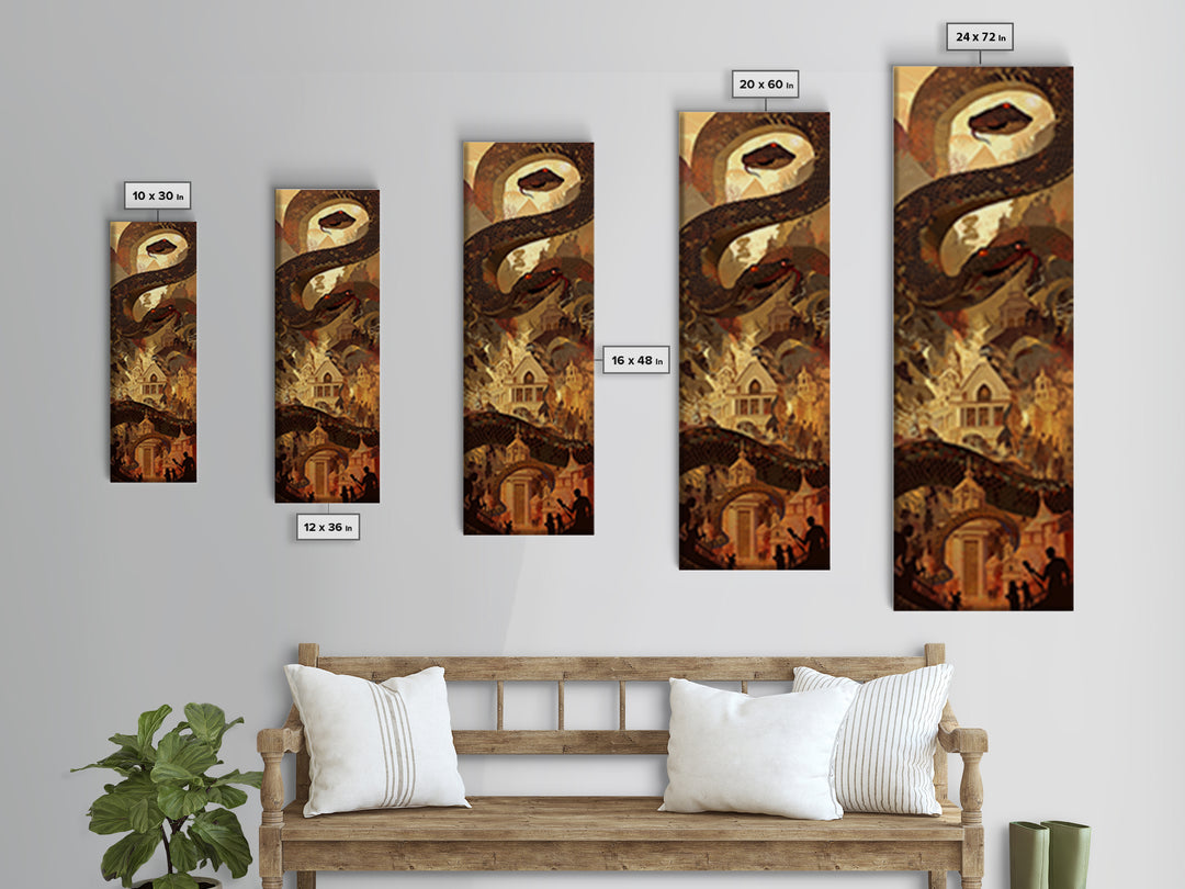 Giant Serpent Over Golden Fantasy City Wall Art, Mystical Statement Decor, Dark Academia Large Canvas Artwork For Living Room