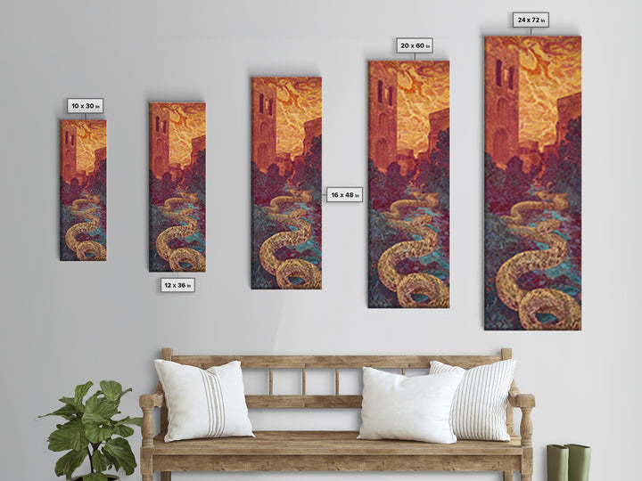 Golden Serpent Through Cathedral Garden Wall Art, Mystical Landscape Decor, Fantasy City Large Canvas Artwork For Home Gift